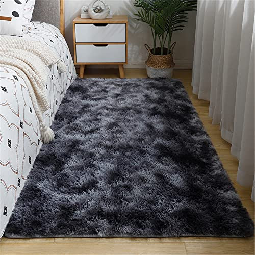 Hiseng Tie-dye Teppich Wohnzimmerteppich Langflor Weich Flauschig Teppiche Anti-Rutsch-Shaggy-Bereich für Wohnzimmer flauschig Shaggy Schlafzimmer Bettvorleger (60x160cm,dunkelgrau)