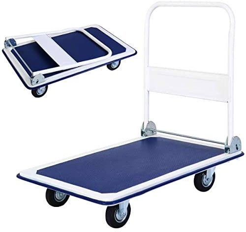 COSTWAY 150kg/300kg Folding Platform Trolley, Heavy Duty Hand Sack Truck with Handle & Bumper Strips, Rolling Flatbed Cart Dolly for Easy Transportation (Blue+White, 90x60x88cm, 300kg Capacity)