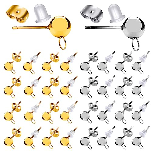 TOAOB 140pcs Boucles D'oreilles Poteaux en Acier Inoxydable 4mm Clous D'oreilles Boule Argent et Or avec Dos Papillon Apprêt et Fermoirs en Silicone pour Accessoires de Bijoux Fabrication Création
