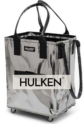 HULKEN - Medium Silver Shopping Trolley on Wheels Foldable & Reusable - Rolling Shopping Bag with Wheels - Wheeled Tote - 66 lb Limit, Zipper Closure, Water-Resistance, & Unbreakable Handles