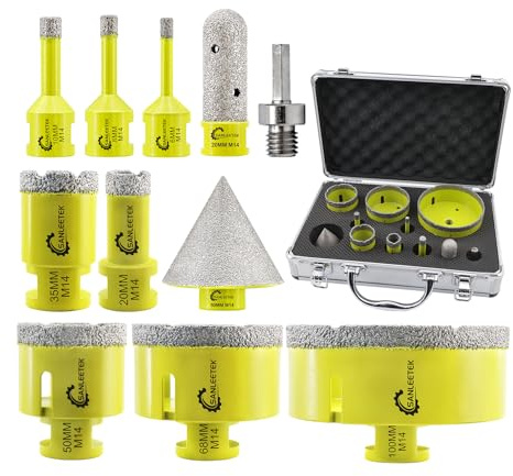 SANLEETEK Juego de Brocas Diamante 11piezas (6/8/10/20/35/50/68/100mm/100mm+20mm Fresa de Diamante+50mm Broca de Chaflán+Adaptador) Sierra Perforadora Cerámica Porcelánico Mármol Granito M14 Rosca