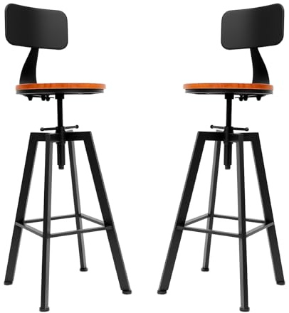 MEHOOSPVN Uppsättning av 2 retro snurrpall i metall, trä, barstolar, industriella stolar, justerbar höjd 64–84 cm, köksstol med ryggstöd, diskstol, retro, frukost, stabil för matsal, kök, barstol