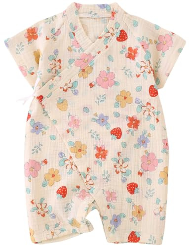 HahaNice Japanese Kimono Baby Thobe Cotton Infant Linen Romper 12 Months FlowerStrawberry