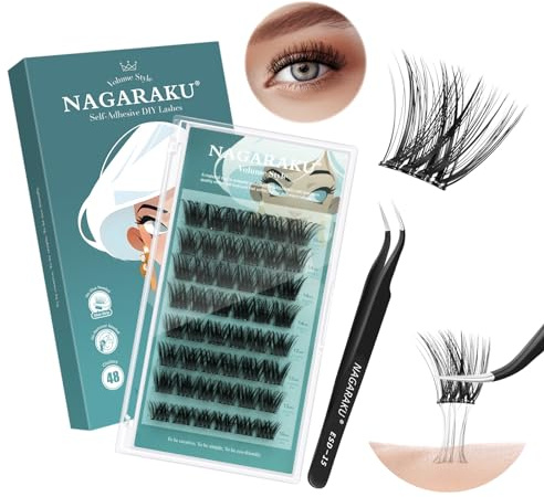 NAGARAKU Pestañas Postizas Autoadhesivas con Pinzas 48 Pcs Volumen Denso Lash Sin Pegamento Ni Removedor Reutilizables Aplicación En Un Solo Paso Voluminoso Para Mirada Espectacular 0,07mm C 10-16mm
