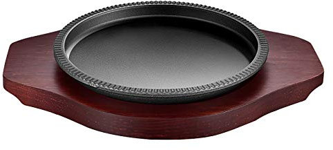 HPTHLY Fuente para Servir de Hierro Fundido/Bandeja para Carne con Soporte de Madera, Redonda, Madera, para Servir Platos Calientes y chisporroteantes-21 cm