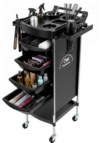 Chariot à roulettes professionnel à 6 étages avec 5 tiroirs et roulettes pliable pour salon de beauté, coiffeur (noir)