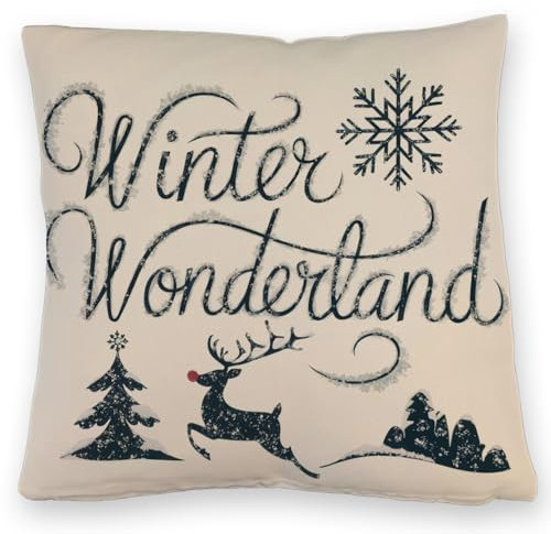 speecheese Winterwunderland mit Rentier - Kissen mit Leinenoptik Winter Wonderland Festliche winterliche Atmosphäre mit Rentiermotiv Schneeflocken und Weihnachtsbaum für gemütliches Heim