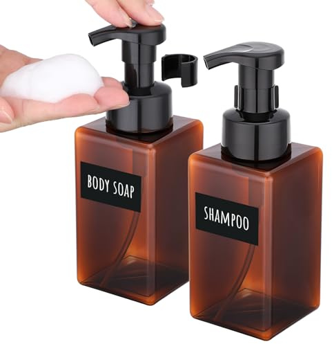 Segbeauty Dispensador Jabon Baño Espuma, 2 Piezas 450ml Dispensador de Espuma, Botes para Gel y Champu, Dosificador Jabon de Plástico con Etiquetas, para Encimera de Cocina (Marrón)