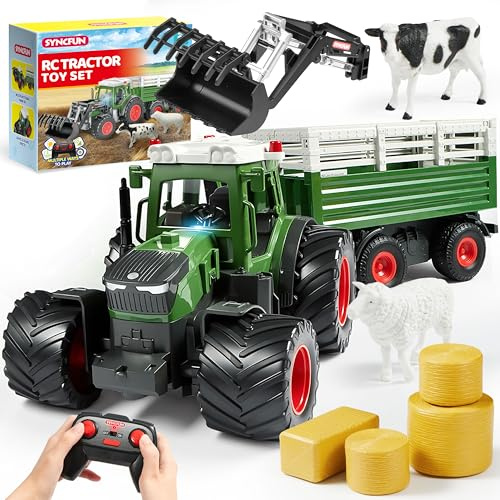 SYNCFUN Set di giocattoli trattore telecomandato grande veicolo agricolo con rimorchio, caricatore, luci e suoni