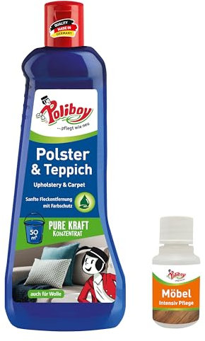 Poliboy, detergente per tappeti e tappezzeria, delicato detergente per tessuti per la rimozione delle macchie, per moquette, shampoo e lana, 1 x 500 ml, con campione di prodotto, prodotto in Germania