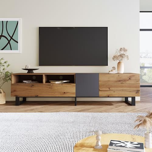 Raeln mobile tv rovere antracite 180cm 2 ante 2 cassetti push-open senza maniglie piedini metallo mobiletto porta tv madia moderna mobile contenitore soggiorno camera ufficio