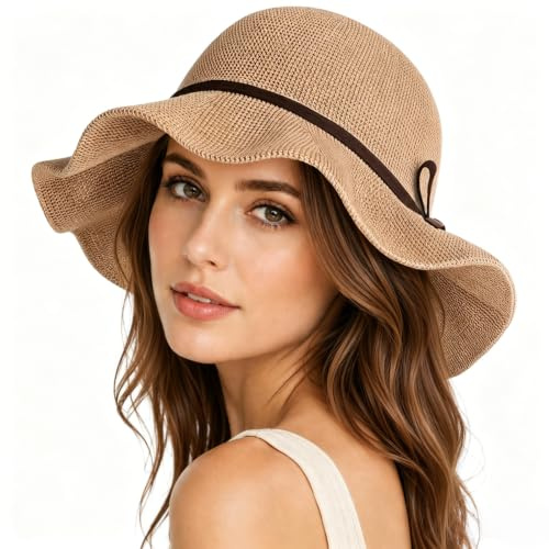 Sombrero de Sol Mujer Sombrero de Playa de ala Ancha Sombreros UV Protección Verano Plegable con Decoración de Lazo Elegante Sun Hat Fácil de Guardar (Caqui)