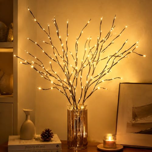 evergoods 73cm LED Lighted Twig Branches, Flexible Bendable Warm White Artificial Branch Lights, Battery Powered Decorative Vase Branch Lights for Living Room, Christmas, Wedding, Home Table Decor