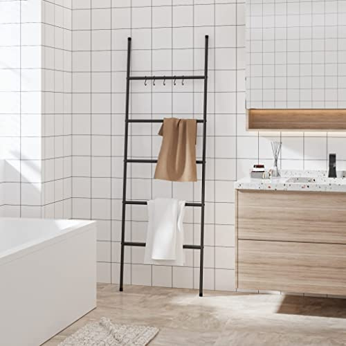 LoogCape Escalera de toalla con 5 niveles, color negro, 58 x 175 cm, hierro independiente, montaje en pared, ahorra espacio, baño, dormitorio, pasillo, secadora de ropa, inoxidable, autoadhesiva