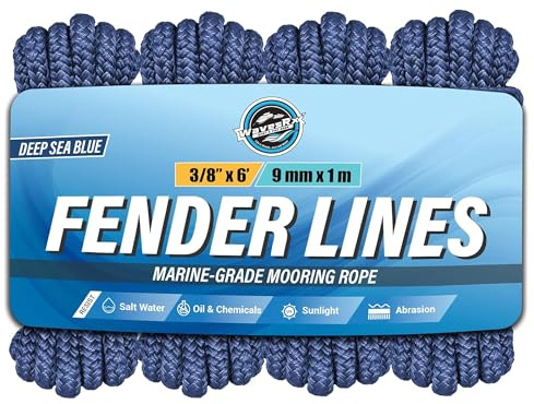 WavesRx Premium Fender Line – Confezione da 4 | Cime e corde per barche in nylon doppio intrecciato per boe e parafanghi, corde marine per barche, pontoni (blu mare profondo)