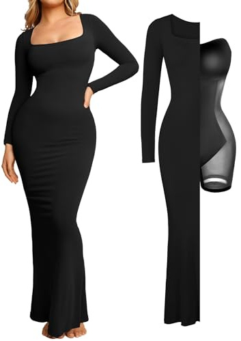 Popilush Long Sleeve Maxi Dress - Shapewear Formal Cocktail Dresses for Women Fall Square Neck Bodycon Dress Built-in Bra Black