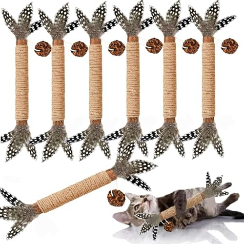GREMBEB Cat Toys, 7 Pack Silvervine Cat Feather Toy Kitten Chew Stick Catnip Treat for Cleaning Teeth Indoor Kitty Teaser Wand Molar Snack for Interactive Pet Rabbit Bunny Hamster