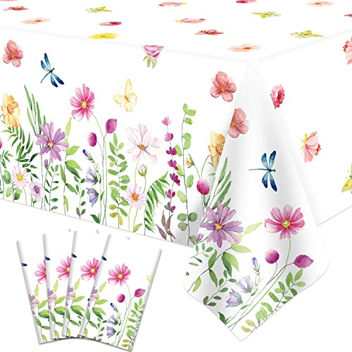 4 Pack SPring Floral Tablecloth Wild Flowers Table Cloth Plastic Spring Floral Table Cloth Flower Disposable Table Cover for Flower Wedding, Babyshower, Birthday Party Decorations 51 x 86 Inches