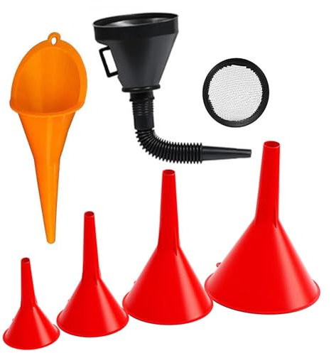 6 Pcs Automotive Funnel Set - Plastic Long Neck, Wide Mouth, Flexible Right Angle Funnels with Detachable Spout and Filter for Water/Gasoline/Coolant/Engine Oil