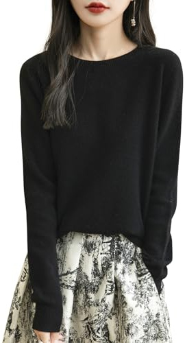 Chanyarn Mujer Jersey de Cuello Redondo 100% Lana Merino 2025 Suéter de Punto Sin Costuras de Manga Larga (Black,S)