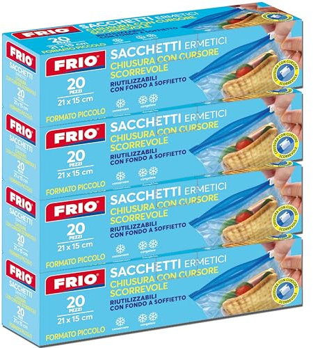 FRIO Set 80 sacchetti ermetici per alimenti, 1,25 Litri, Apri e Chiudi con Cursore scorrevole, fondo a soffietto, 21x15 cm, per conservare, congelatore, salva freschezza, riutilizzabili, resistenti