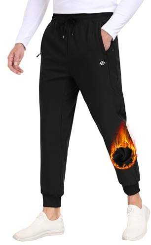 MoFiz Pantaloni da Jogging Uomo Sportivi Trekking Pantaloni Caldi con Fodera in Pile Antivento Invernali Lavoro Tuta Pant con Zip Tasche A01-Nero EU 3XL