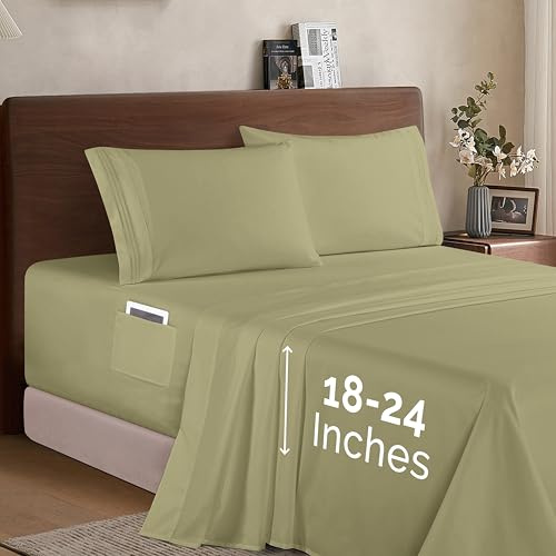 Elegant Comfort Luxury 1500 Premium Hotel Quality Microfiber 4-Piece Sheet Set - Soft, All Around Elastic 18-24 Inches Deep Fitted Sheet - Extra Deep Pocket Sheets, Queen, Sage/Green