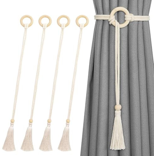 Alzapaños Cortinas, 4 Piezas Sujeta Cortinas, Recoge Cortinas con Anillo de Madera y Borla, Lazos de Cortina de Puerta Beige para Baño, Dormitorio, Oficina