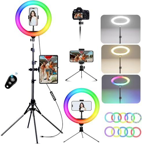 KOSCHEAL Aro de Luz con Trípode, Anillo de Luz 12 Ajustable de 1.8m y Modos de Color RGB,Regulable para Selfie, 2800-6500 Dimmable White, Tiktok, Youtube, Compatible con iPhone y Android
