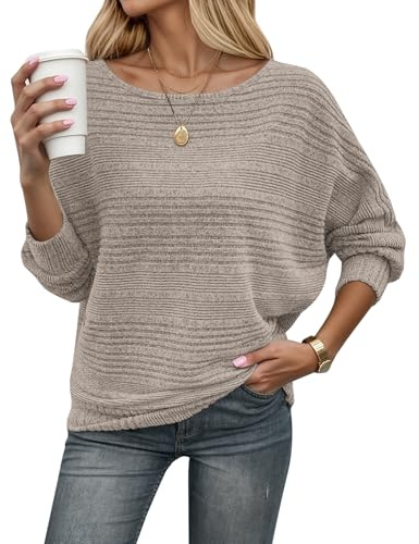 WNEEDU Womens Jumpers Autumn Lightweight Ladies Batwing Tops Long Sleeve Boat Neck Striped Knit Sweater Casual Pullover Khaki M