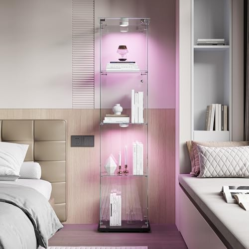 Vitrina de cristal de pie con LED, 4 capas de cristal, madera, cristal, 1 puerta y cerradura, armario de cristal (negro, 4 pisos, 1 puerta+LED)