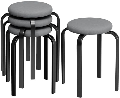 HOMCOM Stackable Stools Modern Cushioned Set of 4 for Kitchen Dark Grey | Stacking Chairs, Round Backless Stools, Dining Room, Living Room