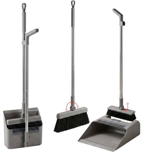 Long Handled Dustpan & Brush Set, 3 in 1 Stand Up Broom,Floor Brush & Dustpan with 180° Rotating Brush Head,Self-Cleaning Comb Teeth, Space Saving Upright Sweeping Set for Home, Kitchen & Office(Grey)