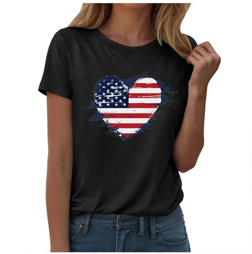 Kvinnor 4:e juli T-shirt amerikansk flagga skjorta patriotisk skjorta självständighetsdagen stjärnor kortärmad toppar, Svart # 2, XXL