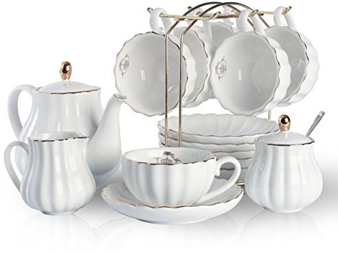 Porcelain Tea Sets British Royal Series, 8 OZ Cups& Saucer Service for 6, with Teapot Sugar Bowl Cream Pitcher Teaspoons and tea strainer for Tea/Coffee, Pukka Home (Pure White)