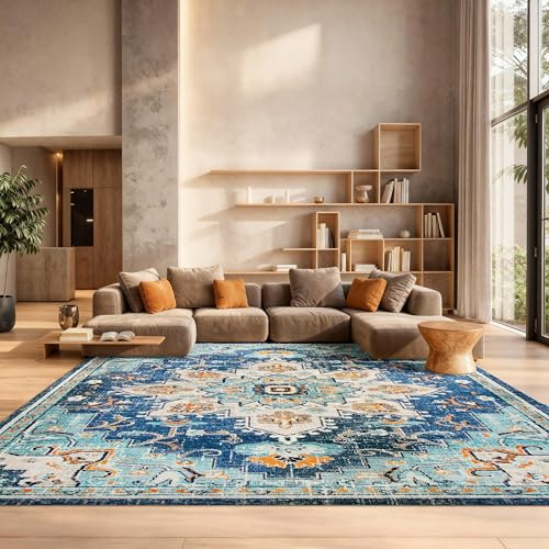 SAFAVIEH Area Rug 8x10 - Madison Collection - Large - Blue & Light Blue, Boho Chic Medallion Distressed Design, Non-Shedding & Easy Cleaning, Ideal for Living Room, Bedroom, Dining Space (MAD473M)