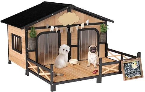 PawHut Dog House Outdoor, Wooden Dog Kennel Weatherproof with Porch, Openable Roof, Removable Bottom, Elevated Floor, Double Room for 2 Small to Medium Breeds, Natural