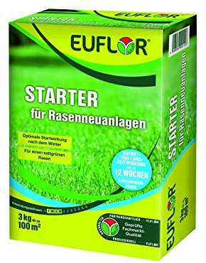 Euflor Starter per sistemi di rifornimento del prato, confezione pieghevole da 3 kg • Fertilizzante speciale per prato 12+22+10 con 2% di ferro e 7% di zolfo • Formazione ottimizzata di fertilizzante