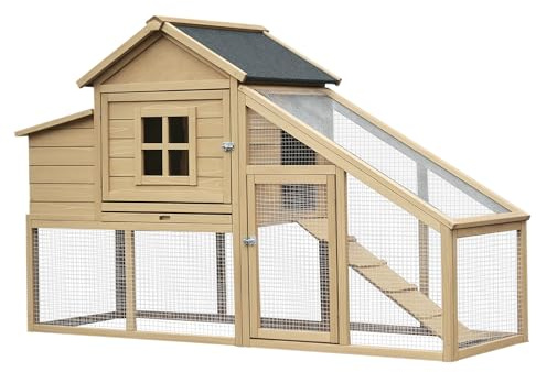 PawHut 69 Wooden Chicken Coop, Poultry Cage Hen House with Connecting Ramp, Removable Tray, Ventilated Window and Nesting Box, Natural