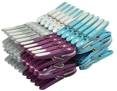 LAGUELLE - 60 Pinces A Linge ANTIGLISSANTES - Fabrication Française - Assorties Gris, Blanc, Bleu, Violet