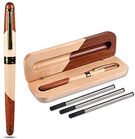 Funmo Stylo de Signature Classique, Stylo Bille Vintage Fait Main Naturel,Personnalisée Stylo à bille en bois fait à la main,avec gravure de haute qualité Boîte cadeaux d'affaires (A)