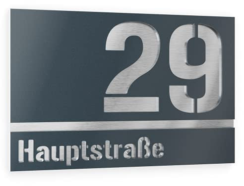 Graviers Design Hausnummer aus V2A Edelstahl 215x150mm - Anthrazit RAL 7016 - Wetterfest Rostfrei Individuell anpassbar nach eigener Nummer Straße - Made in Germany