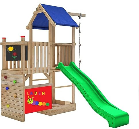 Spielturm Alex 232 - natürlich Lärche - mit Kletterwand, Feuerwehrstange, Kreidetafel, Kletterseil, Kaufladen und Rutsche apfelgrün