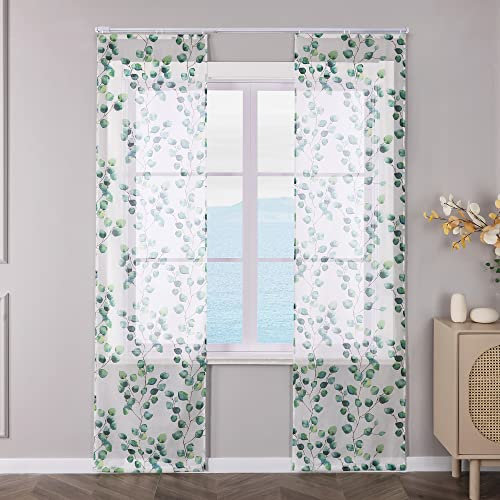 ESLIR 2er Set Flächenvorhänge Schiebegardinen Voile Gardinen mit Klettband Landhaus Schiebevorhang Transparent Vorhang Wohnzimmer Grün BxH 57x175cm 2 Stück