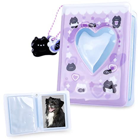 HMIEPRS Mini Album Fotografico, 40 Tasche 3 Pollici Album Foto Portatile con Ciondolo Gattino Nero, A Forma di Cuore Kpop Photocard Polaroid, Raccoglitore Porta Schede Fotografiche (Viola, 6x9cm)