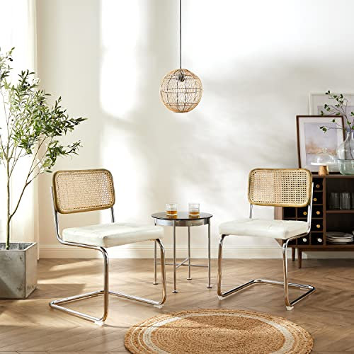 Zouron Schwingstühle 2er Set Beige - Besucherstuhl mit Eichenholz, Freischwinger Stühle, Offwhite Kunstleder Rattanstühle, Esszimmerstühle Geflecht-Stuhl Dining Chair, Polsterstuhl Chrom Metallbeine
