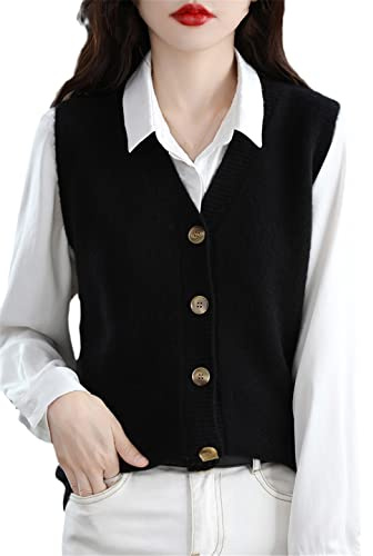 Ownwfeat Cardigan en Laine pour Femmes, Col en V, Bouton, sans Manches, Gilet en Tricot
