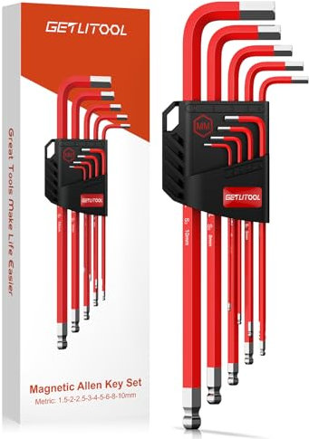 GETLITOOL Innensechskant Satz mit Magnet-Kugelkopf, 9tlg. Innensechskantschlüssel Metrisch1,5mm-10mm, Extra lang Arme, S2 Stahl, Profi Sechskantschlüssel Set praktisch und tragbar mit Halter