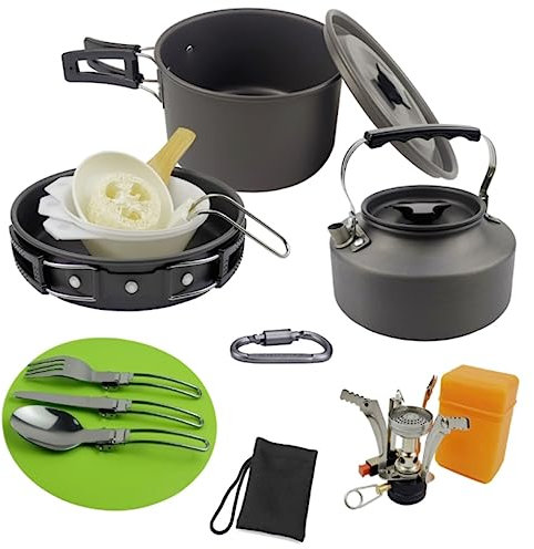 DEEDAV Camping Kochgeschirr Picknick-Kochgeschirr, Camping-Kochgeschirr-Set, Outdoor-Kochset mit Wasserkocher, leichte Camping-Sets für Camping Wandern Trekking (Color : Black, Size : 13pcs)