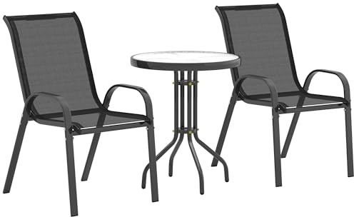 Outsunny Conjunto de Mesa y Sillas de Terraza Exterior 3 Piezas Negro | Muebles de Jardín Exterior, Sillas Apilables, Encimera de Vidrio, Estructura de Acero, para Patio
